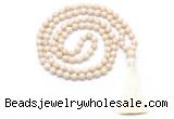 GMN8414 8mm, 10mm white fossil jasper 27, 54, 108 beads mala necklace with tassel