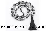 GMN8420 8mm, 10mm black & white jasper 27, 54, 108 beads mala necklace with tassel