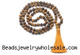 GMN8436 8mm, 10mm matte yellow tiger eye 27, 54, 108 beads mala necklace with tassel