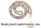 GMN8440 8mm, 10mm matte sunstone 27, 54, 108 beads mala necklace with tassel