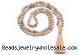 GMN8447 8mm, 10mm matte fossil coral 27, 54, 108 beads mala necklace with tassel