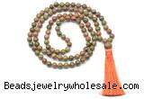 GMN8518 8mm, 10mm unakite 27, 54, 108 beads mala necklace with tassel