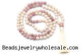 GMN8550 8mm, 10mm white fossil jasper & pink wooden jasper 108 beads mala necklace with tassel