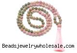 GMN8551 8mm, 10mm unakite & pink wooden jasper 108 beads mala necklace with tassel