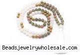 GMN8553 8mm, 10mm unakite, white jade & hematite 108 beads mala necklace with tassel