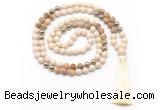 GMN8555 8mm, 10mm white fossil jasper, picture jasper & hematite 108 beads mala necklace with tassel