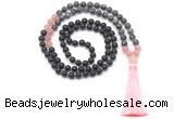 GMN8566 8mm, 10mm matte black agate, black labradorite & rose quartz 108 beads mala necklace with tassel