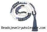 GMN8570 8mm, 10mm matte sodalite, white crystal & black agate 108 beads mala necklace with tassel