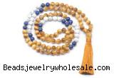 GMN8571 8mm, 10mm golden tiger eye, lapis lazuli & matte white howlite 108 beads mala necklace with tassel