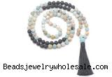 GMN8572 8mm, 10mm matte amazonite & black lava 108 beads mala necklace with tassel