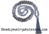 GMN8573 8mm, 10mm blue spot stone & black lava 108 beads mala necklace with tassel