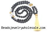 GMN8578 8mm, 10mm black lava, matte white howlite & golden tiger eye 108 beads mala necklace with tassel