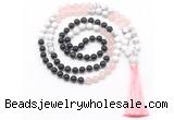 GMN8583 8mm, 10mm black agate, rose quartz & white howlite 108 beads mala necklace with tassel