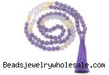 GMN8586 8mm, 10mm amethyst, citrine & white crystal 108 beads mala necklace with tassel