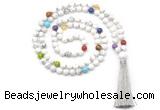 GMN8600 Hand-knotted 7 Chakra 8mm, 10mm white howlite 108 beads mala necklace with tassel