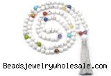 GMN8601 Hand-knotted 7 Chakra 8mm, 10mm white howlite 108 beads mala necklace with tassel