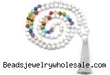 GMN8603 Hand-knotted 7 Chakra 8mm, 10mm white howlite 108 beads mala necklace with tassel