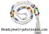 GMN8604 Hand-knotted 7 Chakra 8mm, 10mm white howlite 108 beads mala necklace with tassel