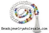 GMN8605 Hand-knotted 7 Chakra 8mm, 10mm white howlite 108 beads mala necklace with tassel