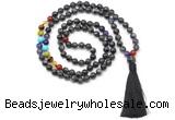 GMN8614 Hand-knotted 7 Chakra 8mm, 10mm black labradorite 108 beads mala necklace with tassel