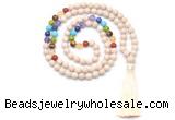 GMN8621 Hand-knotted 7 Chakra 8mm, 10mm white fossil jasper 108 beads mala necklace with tassel