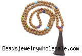 GMN8622 Hand-knotted 7 Chakra 8mm, 10mm wooden jasper 108 beads mala necklace with tassel