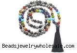 GMN8624 Hand-knotted 7 Chakra 8mm, 10mm black water jasper 108 beads mala necklace with tassel