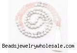 GMN8626 8mm, 10mm matte white howlite & rose quartz 108 beads mala necklace with tassel