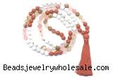 GMN8628 8mm, 10mm matte white howlite, red jasper & cherry quartz 108 beads mala necklace with tassel