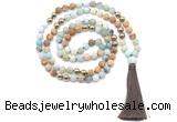 GMN8630 8mm, 10mm matte amazonite, picture jasper & hematite 108 beads mala necklace with tassel