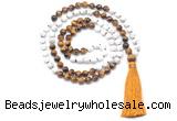 GMN8634 8mm, 10mm white howlite & yellow tiger eye 108 beads mala necklace with tassel