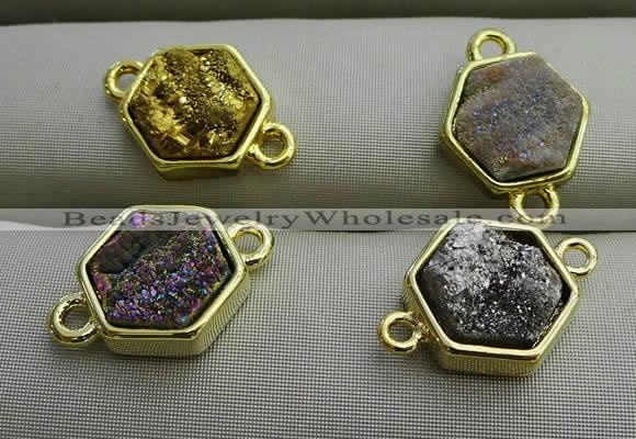 NGC6003 12*12mm hexagon plated druzy agate connectors wholesale