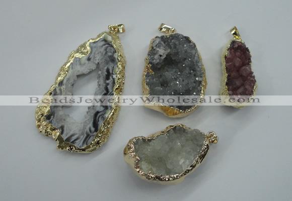 NGP1126 25*30 - 40*50mm freeform druzy agate pendants with brass setting