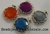 NGP1561 10*45*47mm flat round agate with brass setting pendants