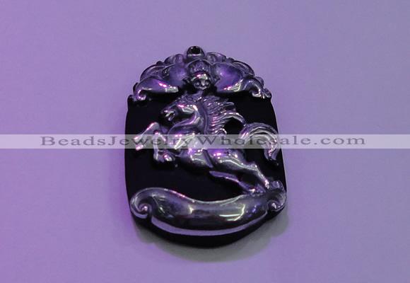 NGP2006 30*40mm carved silver plated matte black obsidian pendants