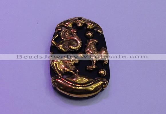 NGP2010 30*40mm carved gold plated matte black obsidian pendants