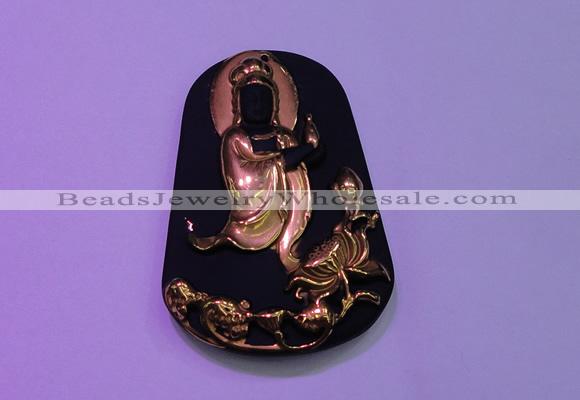 NGP2031 40*60mm carved gold plated matte black obsidian pendants