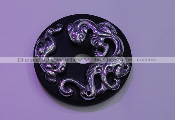 NGP2043 50mm carved silver plated matte black obsidian pendants