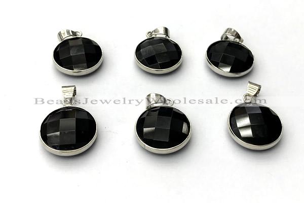 NGP9895 16mm faceted coin black agate pendant