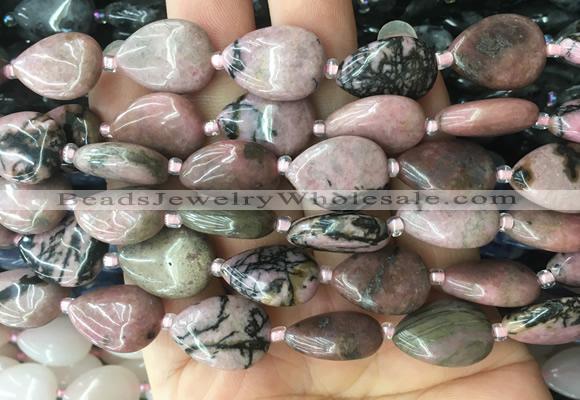 TRBS38 15 inches 13*18mm flat teardrop black veined rhodonite gemstone beads